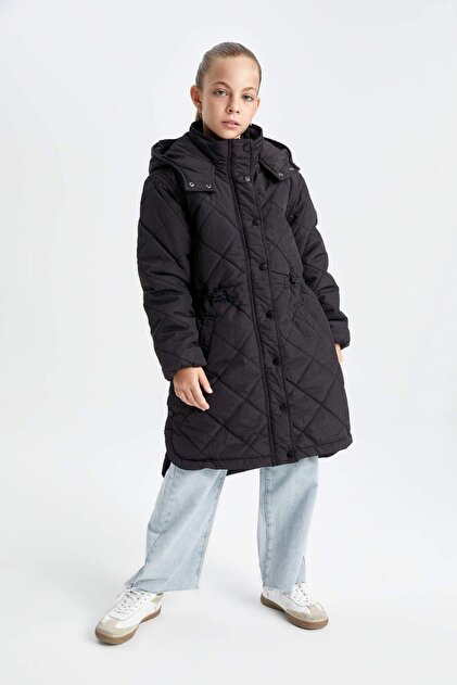 Waterproof Hooded Zippered and Snap Fastened Pocketed Long Coats Parka Girl Child C8974A824Au
