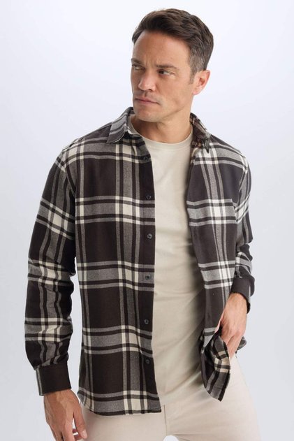 Regular Fit Polo Neck Checked Cotton Long Sleeve Shirt D7557Ax24Au