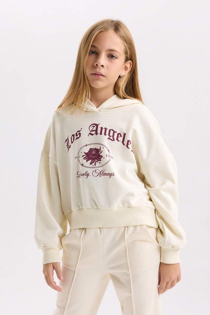Ecru Oversize Wide Fit Kapuzen-Sweatshirt mit Aufdruck für Mädchen D7041A824WN