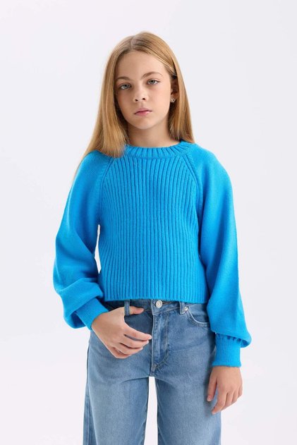 Standard-Fit-Strickpullover mit Rundhalsausschnitt und elastischen Ärmelenden für Mädchen C9555A824WN