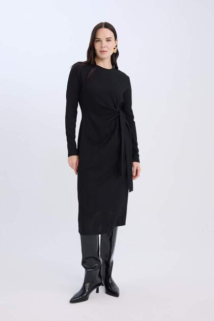 Basic Beli Tie-Detail Wrinkled Maxi Black Dress D6553Ax24Wn