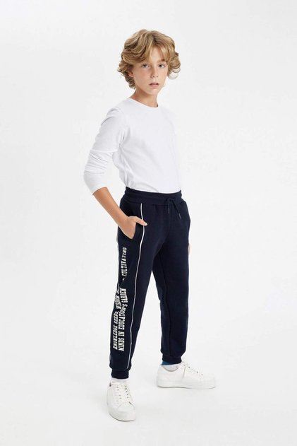 Boy's Navy Blue Printed Thick Jogger Sweatpants with Elastic Waist and Pockets C9288A824Au