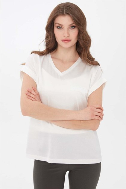 Women's V-Neck Front Satin Blouse Ecru