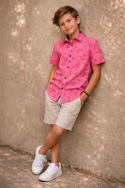 Black Purple Embroidered Detailed Short Sleeve Children's Shirt