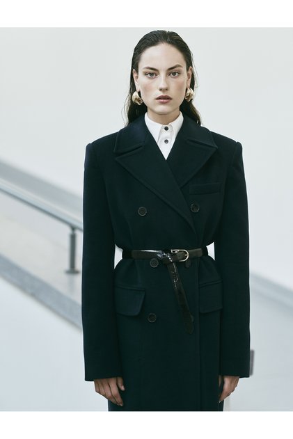 Double Breasted Buttoned Pocket Extra Long Stamp Coat