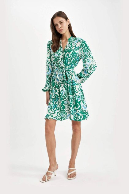 Marocain Long Sleeve Midi Dress with Peep Collar Floral Pattern C3386Ax24Sm