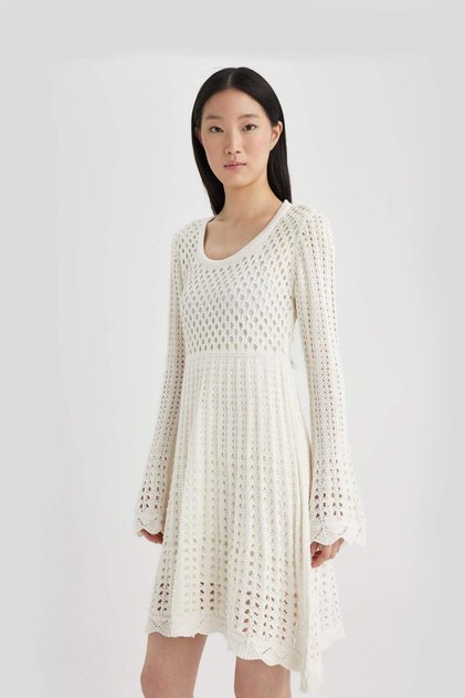 A-Line U-Neck Knit Long Sleeve Mini Dress C7785Ax24Sm