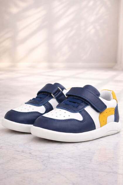 Genuine Leather Anatomical Navy Blue White Baby Sports Shoes