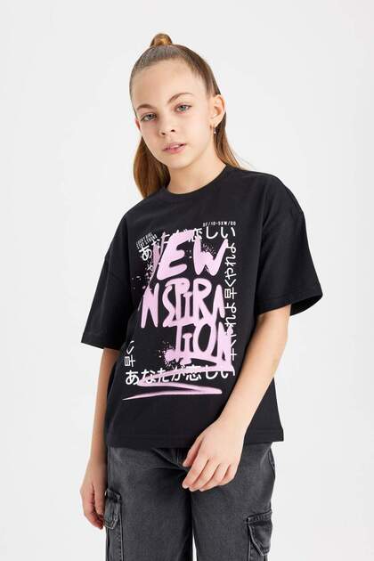 Girls' Relax Fit Crew Neck Printed Short Sleeve T-Shirt B5092A824Sm
