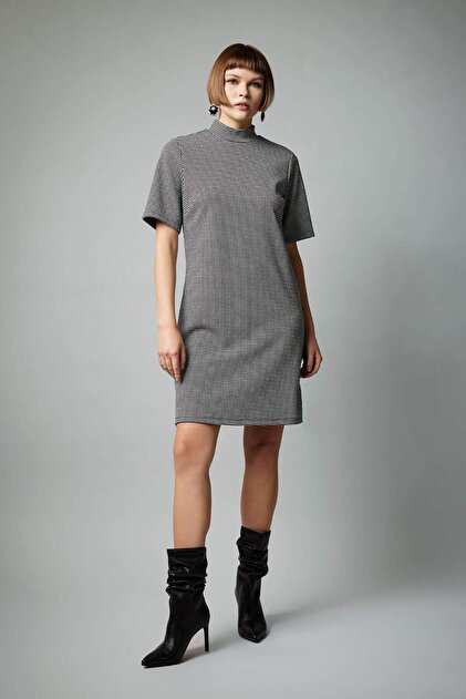 a line dress short turtleneck Long Sleeve Mini with Slit and Ribbed Paneling long fitted sleeves Short Turtleneck Over Dress Strawolf