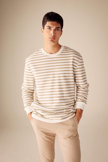 Comfort Regular Fit Rahat Kalıp Bisiklet Yaka Çizgili Sweatshirt A6542AX23AU