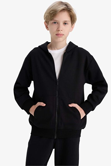 Defacto Kapüşonlu Basic Düz Okul Fermuarlı Sweatshirt Erkek Çocuk