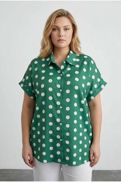 Plus Size Button Front Short Sleeve Polka Dot Print Shirt 303461