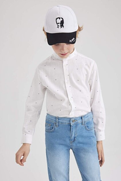 Boy's Linen Look Printed Long Sleeve White Shirt Z5314A623Sm