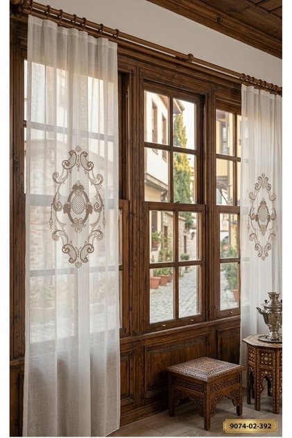 Keten Görünümlü Nakışlı Panel Perde Ekru (Ölçüler En x Boy)