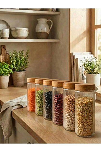 Set of 6 Glass Storage Containers with Wooden Pattern Lids 1350 ml - Light Brown