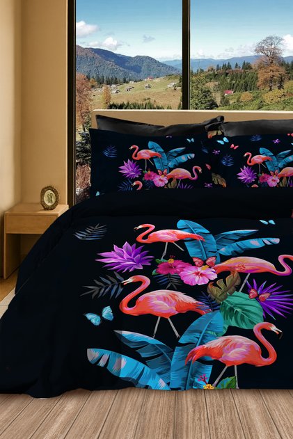Premium Cotton Satin Double Fitted Sheet Pcs Duvet Cover Set Natura Flamıngo
