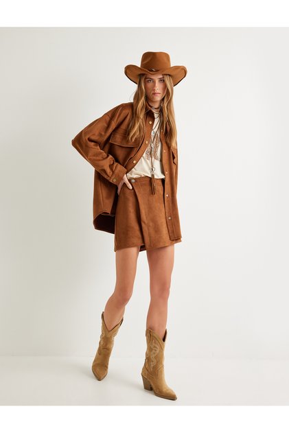 Faux Suede Shirt Jacket Covered Pocket Detailed Comfortable Fit
