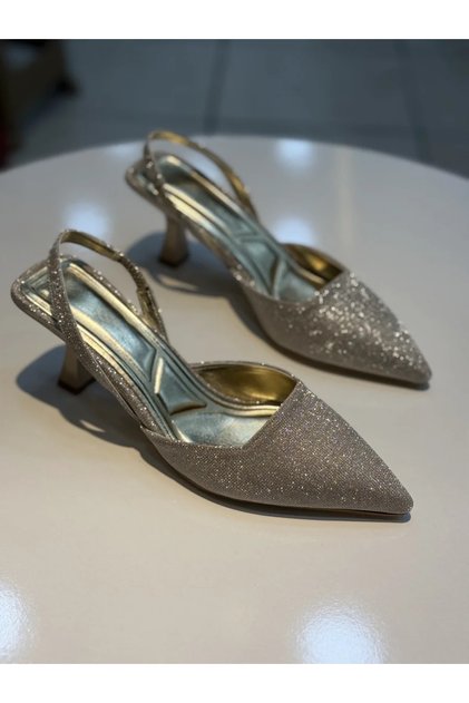 Serrace Silvery Material Open Back Short Heeled Women's Shoes