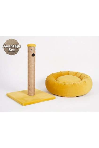 Tırmalama Tahtası, Polar Simit Kedi Yatağı 2 Li Set Sarı