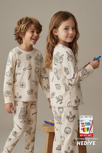 Paintable Birthday Themed Children's Pajama Set – Washable 12-Piece Pencil Gift Set