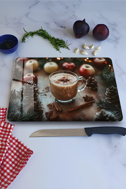 Winter Themed Hot Drink Pattern Tempered Glass Cutting Board 21X30 cm Size Uv Printing - Ckt018
