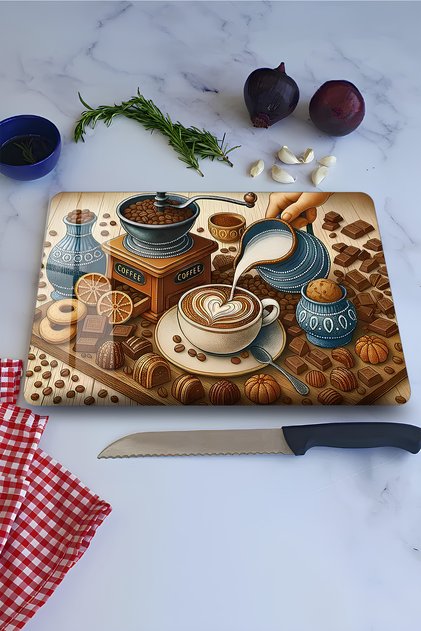Tempered Glass Cutting Board – Coffee and Chocolate Themed Uv Printing 21X30 Cm- Ckt103