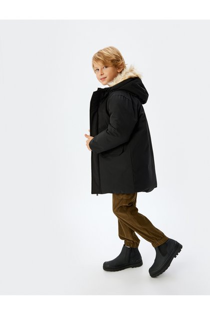 Hooded Coat with Faux Fur Detail and Flap Pockets