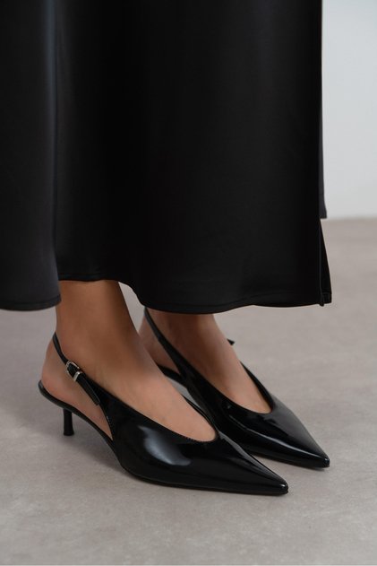 Dorey Black Patent Leather Ankle Buckle Detail Women's Heeled Shoes
