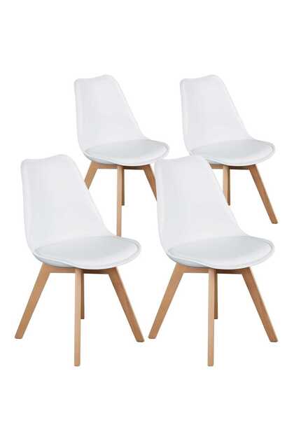 Set de 4 scaune Elindor® în stil retro, piele ecologică și picioare din lemn, alb