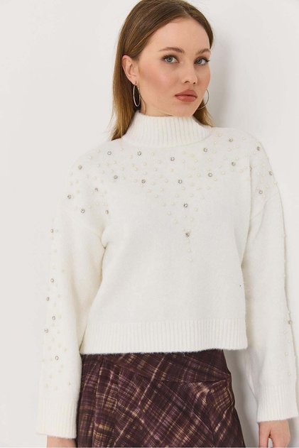 Women's turtleneck knit sweater with stone and pearl embellishments - white
