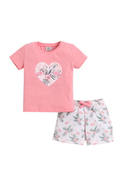 Girls Flamingo Print Cotton Pajama Set – T-Shirt & Shorts Nightwear