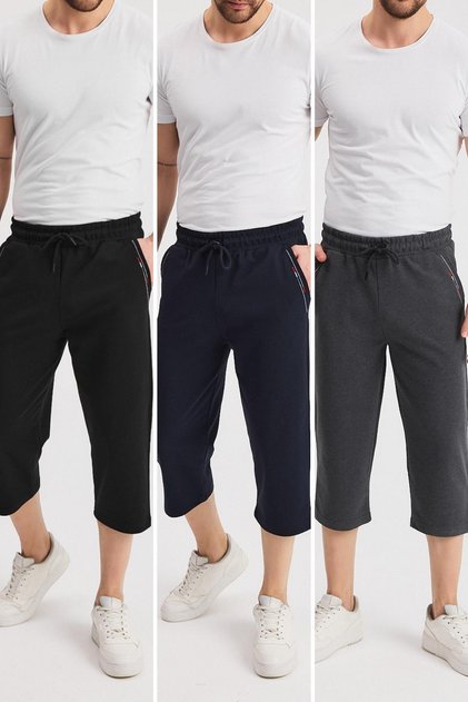 Men's Side Pockets Black-Navy Blue-Anthracite Bermuda Below Knee Capri with Adjustable Elastic Waist 3-Piece