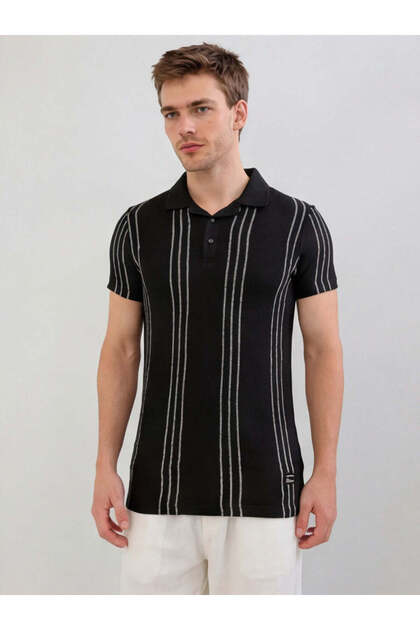 Striped Wide Collar Regular Fit Black T-shirt