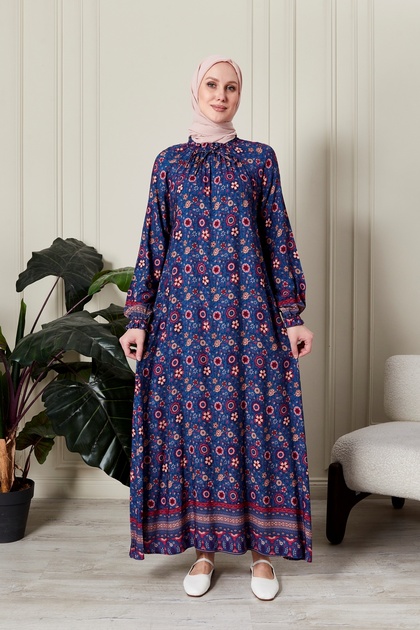 Drawstring Collar Floral Print Hijab Dress Comfortable Fit Spring Season Mother's Prayer Hijab Dress