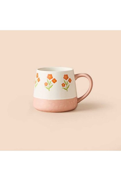 Kitchen Turuncu Çiçekli Seramik Kupa - Beyaz - 500 ml