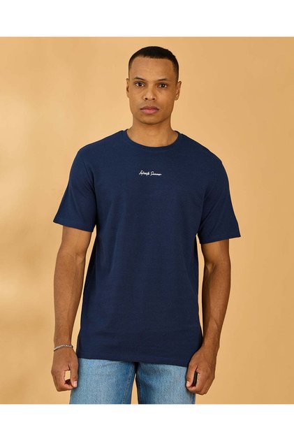 Men Navy Placement Print Crew Neck T-Shirt