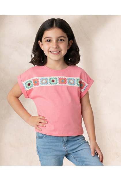 Girls Lilac T-Shirt with Crochet Flower Detail