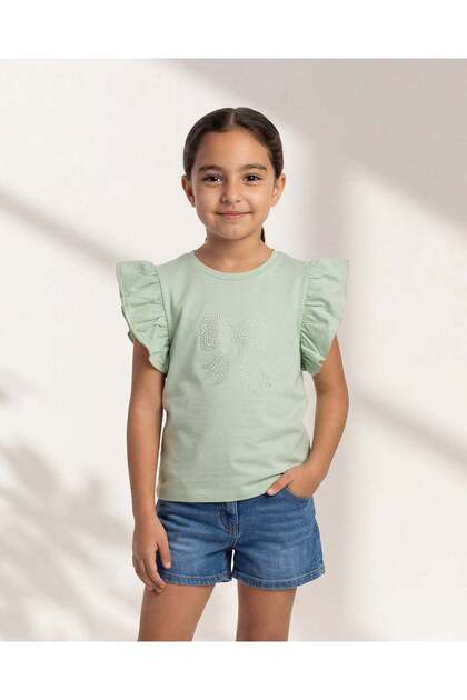 Girls Green Bow Rhinestone Embellished T-Shirt