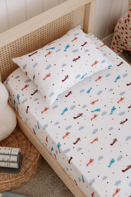 Single , Children's Fitted Sheet Set, 100% Cotton Satin - Airplanes