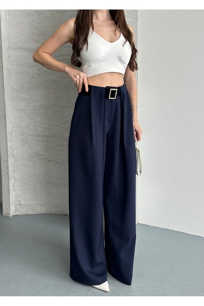Women's Navy Blue Bridge Detailed Belted Palazzo Trousers