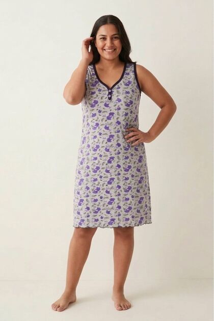 Flamingo Comfortable Fit Floral Print Cotton Zero Sleeve V-Neck Midi Length  Summer Casual Dress / Home Dress- Trendyol