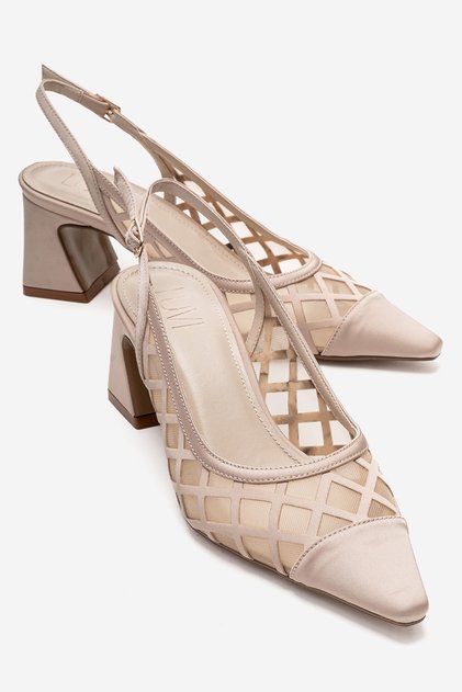 Alveron Beige Satin Mesh Detailed Women's Block Heeled Shoes