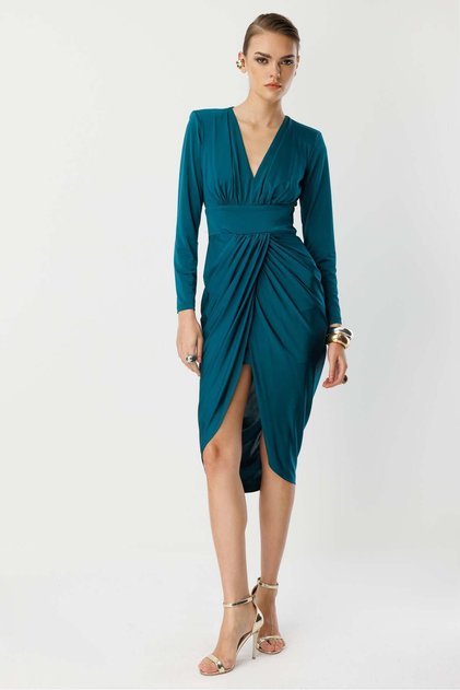 Bel Drape Detay Midi Elbise ZÜMRÜT