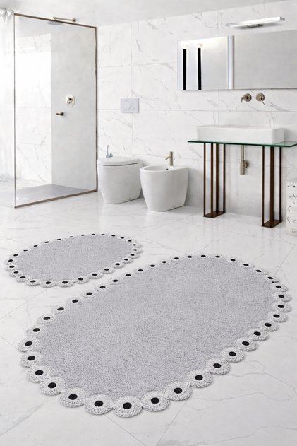Gülruba Oval White Dowry Box, Set of Lace of 2, Set of Bath Mat of Non-Slip Sole Toilet Sets