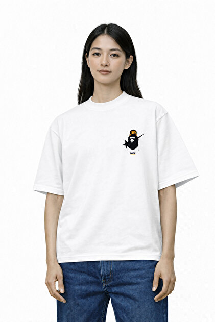 Unisex Women's Men's Bape Bottle and Star Front Printed Oversized Thick Fabric Relaxed Fit Cotton T-Shirt