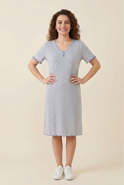 Flamingo Comfortable Fit Polka Dot Patterned Cotton V-Neck Short Sleeve Midi Length Casual Dress / Home Dress- Trendyol Flamingo Comfortable Fit Polka Dot Patterned Cotton V-Neck Short Sleeve Midi Length Casual Dress / Home Dress- Trendyol