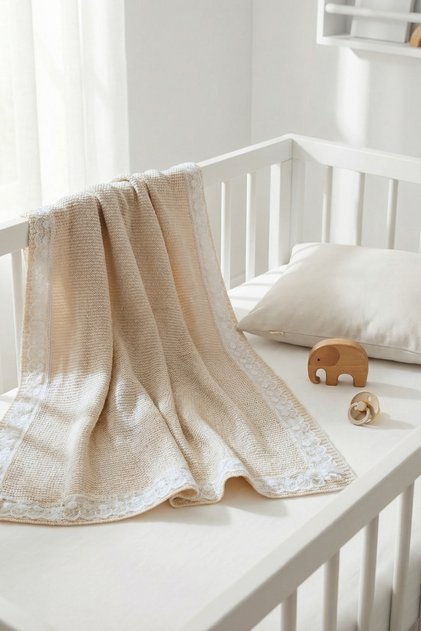 Tulle Eyelet Embroidery Pieces Knitted Baby Knitwear Blanket Si 80X100 cm - Lace Pieces Knitted Blanket - Cream