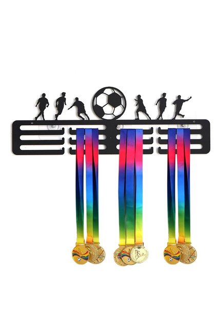 Suport pentru expunerea și organizarea medaliilor, model cu 6 jucători de fotbal, material din oțel, 40x15 cm, Negru