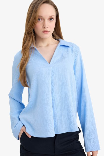 Relax Fit Shirt Collar Seersucker Textured Long Sleeve Blouse G9141Ax26Sp